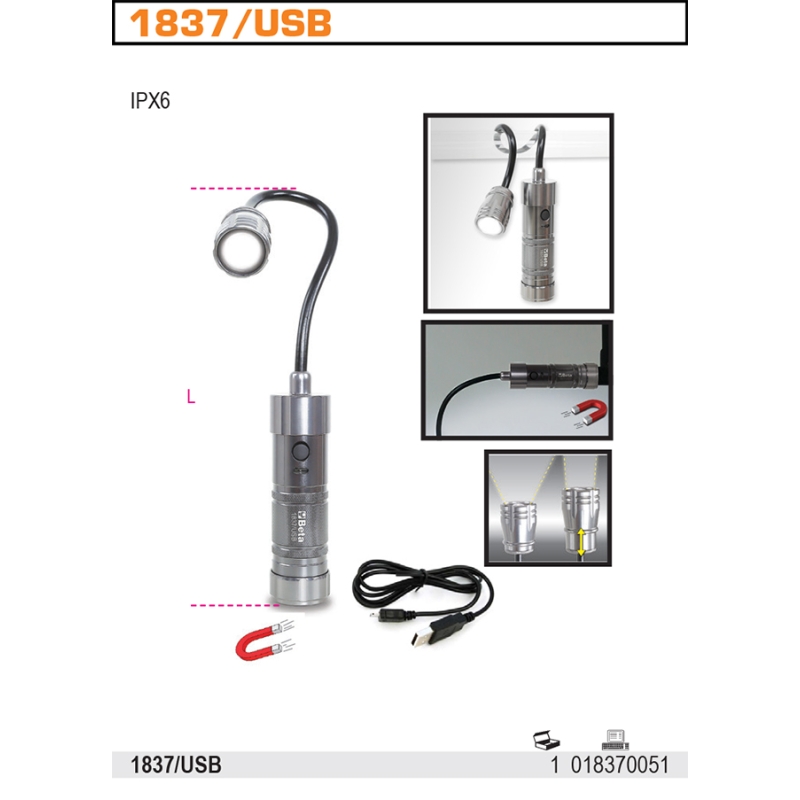 Beta Tools 1837//Usb Rechargable Magnetic Articulated Lamp Torch